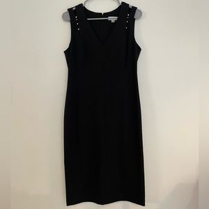 Calvin Klein Black Sheath Sleeveless V Neck Dress Pearl Accent Size 10